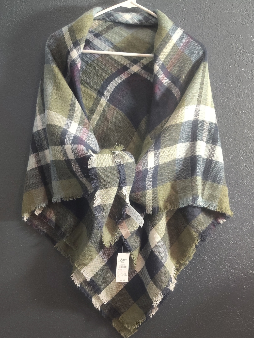 LOFT Outlet 50x50 Olive and Navy Plaid Fringe Scarf